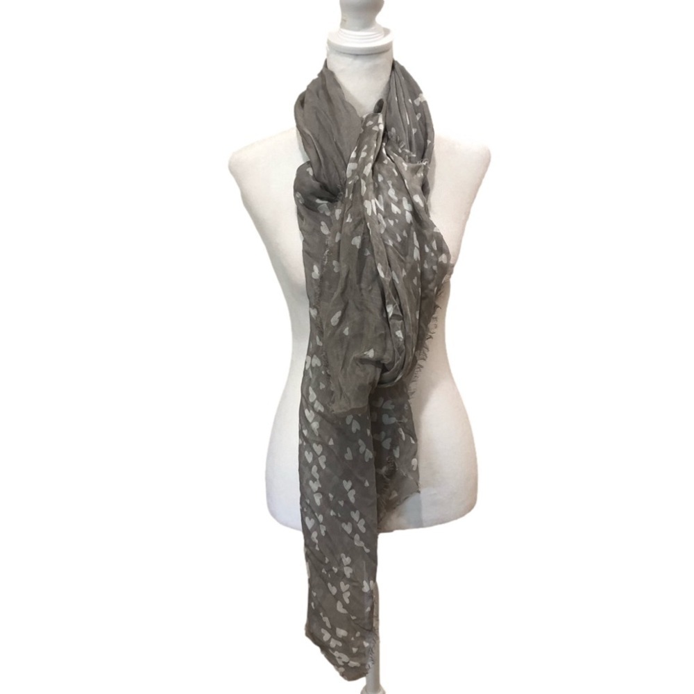 TILO scarf/wrap taupe with cream hearts. Eyelash fringe hem. 76”x38”